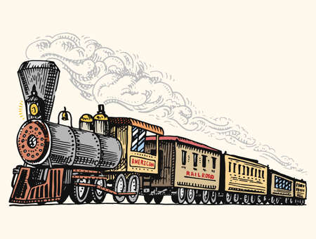 engraved vintage, hand drawn, old locomotive or train with steam on american railway. retro...