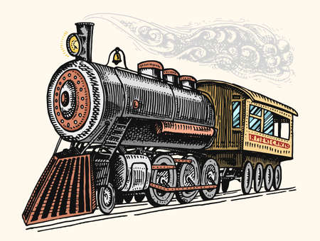 engraved vintage, hand drawn, old locomotive or train with steam on american railway. retro transport.のイラスト素材