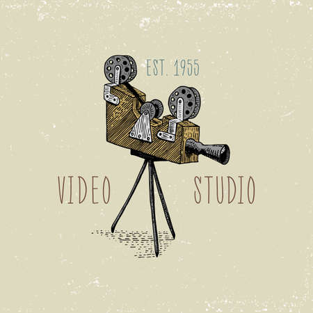 photo logo emblem or label, video, film, movie camera from first till now vintage, engraved hand drawn in sketch or wood cut style, old looking retro lens, isolated vector realistic illustration.のイラスト素材