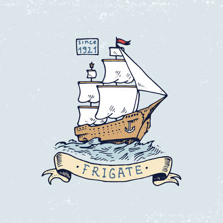 Set of engraved vintage, hand drawn, old, labels or badges for Atlantic tidal wave, frigate or ship.のイラスト素材