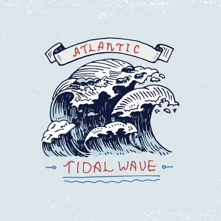 Set of engraved vintage, hand drawn, old, labels or badges for Atlantic tidal wave.のイラスト素材