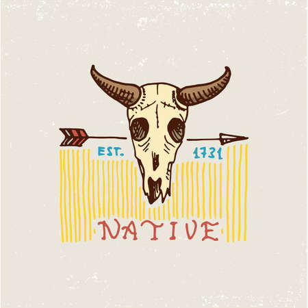 Set of engraved vintage, hand drawn, old, labels or badges for Indian or native american.のイラスト素材