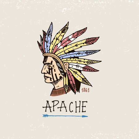 Set of engraved vintage, hand drawn, old, labels or badges for Indian or native american.のイラスト素材