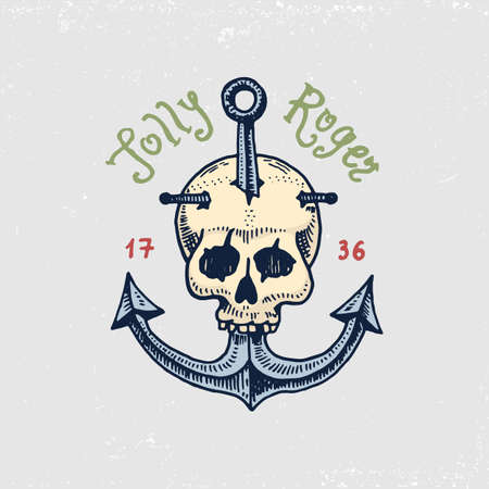 Set of engraved, hand drawn, old, labels or badges for corsairs, skull at anchor.のイラスト素材