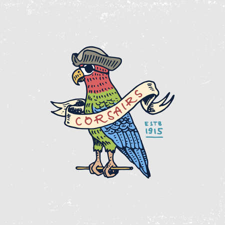 Set of engraved, hand drawn, old, labels or badges for corsairs, Caribbean parrot.のイラスト素材