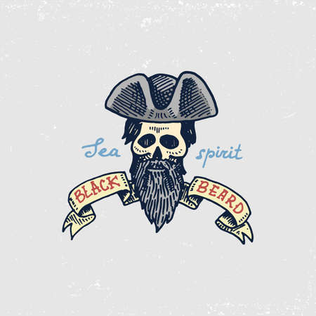 Set of engraved, hand drawn, old, labels or badges for corsairs, skull, black beard.のイラスト素材