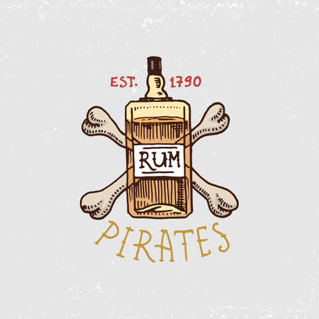 Set of engraved, hand drawn, old, labels or badges for corsairs, bottle of rum and bone.のイラスト素材