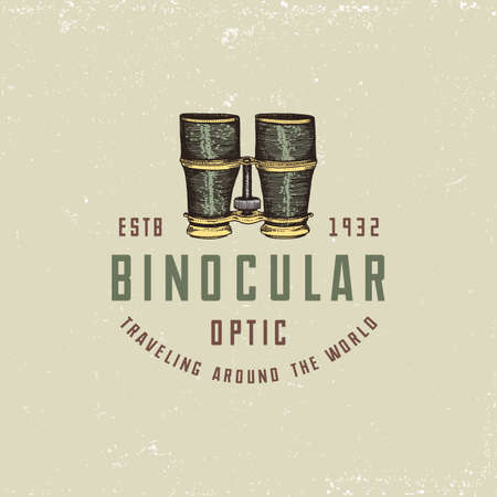 Binocular logo emblem or label monocular vintage, engraved hand drawn in sketch or wood cut style, old looking retro scinetific instrument for exploring and discovering.のイラスト素材