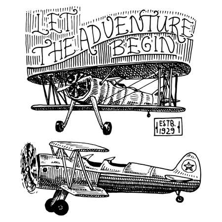 set of passenger airplanes corncob or plane aviation travel illustration. engraved hand drawn in old sketch style, vintage transport.のイラスト素材