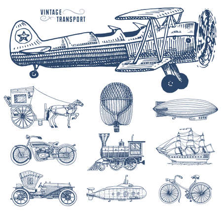 Submarine, boat and car, motorbike, Horse-drawn carriage. airship or dirigible, air balloon, airplanes corncob, locomotive. engraved hand drawn in old sketch style, vintage passengers transport.のイラスト素材