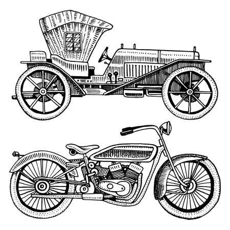 Classic car, machine or engine and motorcycle or motorbike illustration. engraved hand drawn in old sketch style, vintage transport.のイラスト素材