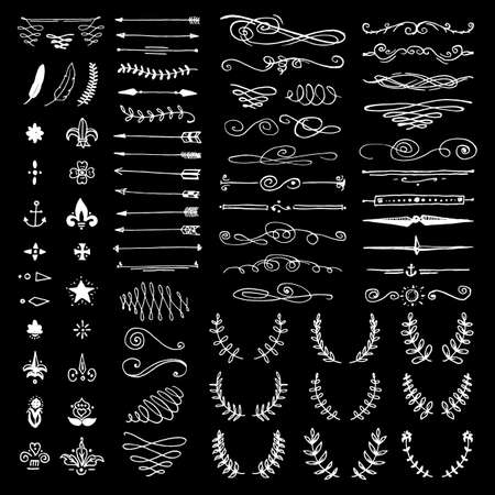 Huge pack or set engraved hand drawn in old or antique sketch style, vintage flourishes calligraphic design elements decorations. logo or emblems, retro label and badge. ornaments and monograms.のイラスト素材