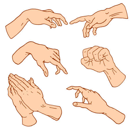Gestures arms stop, palm, thumbs up, finger pointer, ok, like and pray or handshake, fist and peace or rock n roll. engraved hand drawn in old sketch style, vintage collection of emotion and signs.のイラスト素材