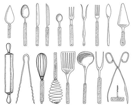 dining or snack fork for oysters, ice cream spoon and knife for dessert or butter and baking. kitchen utensils, cooking stuff for menu decoration. engraved hand drawn in old sketch and vintage style.のイラスト素材