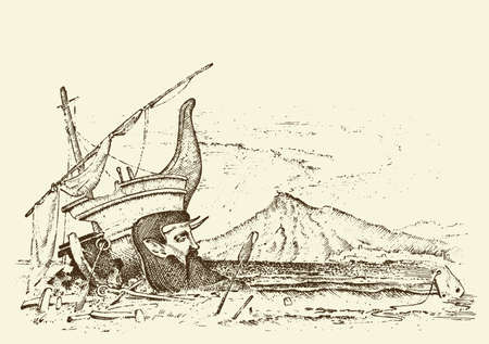 prehistoric seascape or ship, archeology or paleontology. engraved hand drawn in old sketch and vintage transport style.のイラスト素材
