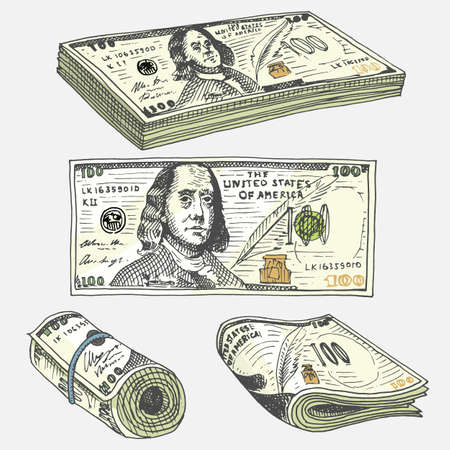 Detailed currency banknotes or american Franklin Green 100 dollars or cash and coin. engraved hand drawn in old sketch style, vintage money bill icons. financial success of US. Bag or purse of goldのイラスト素材