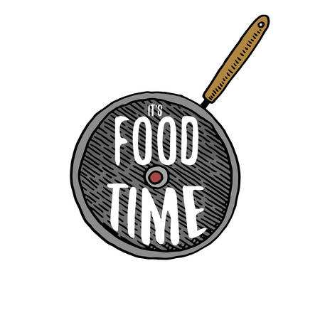 pan or kitchen utensils, cooking stuff for menu decoration. baking logo emblem or label, engraved hand drawn in old sketch or and vintage style. It s food timeのイラスト素材