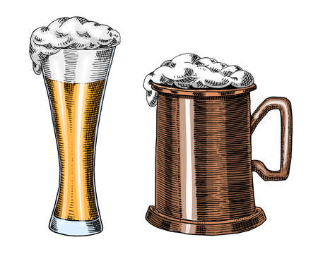 Beer glass, mug or bottle of oktoberfest. engraved in ink hand drawn in old sketch and vintage style for web, invitation to party or pub menu. design element isolated on white background.のイラスト素材