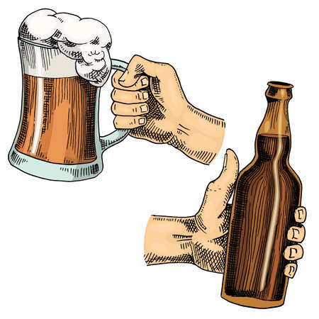 Beer glass, mug or bottle of oktoberfest. engraved in ink hand drawn in old sketch and vintage style for web, invitation to party or pub menu. design element isolated on white background.のイラスト素材