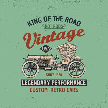 Classic car, machine or engine illustration. logo emblem or label, engraved hand drawn in old sketch and vintage transport. Print on T-shirts.のイラスト素材