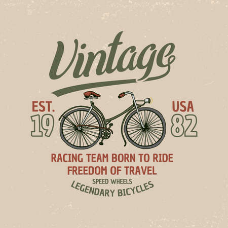 bicycle, bike or velocipede. travel illustration. logo emblem or label, engraved hand drawn in old sketch and vintage transport. Print on T-shirts.のイラスト素材