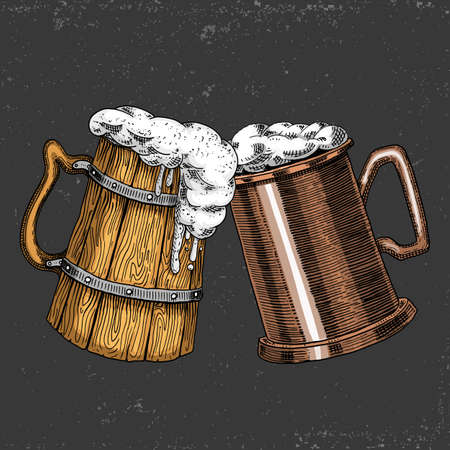 Beer glass, mug or bottle of oktoberfest. engraved in ink hand drawn in old sketch and vintage style for web, invitation to party or pub menu. design element isolated on white background Cheersのイラスト素材