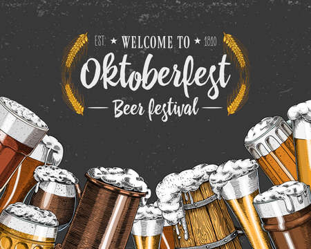 Beer glass, mug or bottle of oktoberfest. engraved in ink hand drawn in old sketch and vintage style for web, invitation to party or pub menu. design element isolated on white backgroundのイラスト素材
