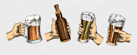 Beer glass, mug or bottle of oktoberfest. engraved in ink hand drawn in old sketch and vintage style for web, invitation to party or pub menu. design element isolated on white backgroundのイラスト素材