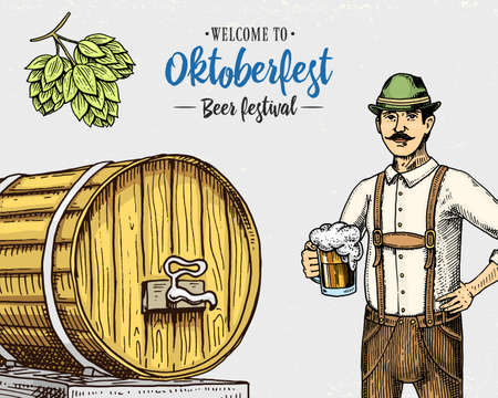 man in traditional Belgian or Bavarian clothes with beer. engraved in ink hand drawn in old sketch and vintage style for web or pub menu. design of oktoberfest on gray background.のイラスト素材