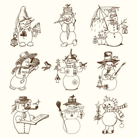 Set of winter holidays snowman in different costumes.のイラスト素材