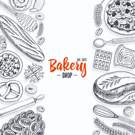 bread and pastry donut long loaf and fruit pie. sweet bun or croissant, muffin and toasts. engraved hand drawn in old sketch and vintage style for label and menu bakery shop. organic food backgroundのイラスト素材