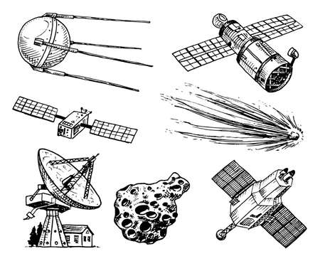 Space shuttle, radio telescope and comet, asteroid and meteorite, astronaut exploration.のイラスト素材