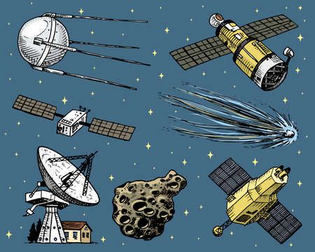 Space shuttle, radio telescope and comet, asteroid and meteorite, astronaut exploration.のイラスト素材