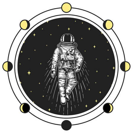 Astronaut spaceman. Moon phases planets in solar system. astronomical galaxy space. cosmonaut explore adventure.のイラスト素材