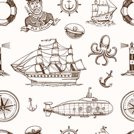 Marine and nautical or sea, ocean emblems. seamless pattern. set of engraved vintage, hand drawn, old, labels or badges for a life ring, a cannon ball, a captain seagoing shipの写真素材