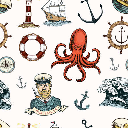 Marine and nautical or sea, ocean emblems.のイラスト素材