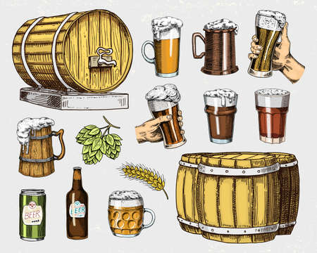Beer glass, mug or bottle, wooden barrels. engraved in ink hand drawn in old sketch and vintage style for web, invitation to party or pub menu. design element isolated on white background.のイラスト素材