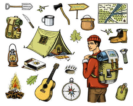 camping equipment set, outdoor adventure, hiking. Traveling man with luggage. tourism trip. engraved hand drawn in old sketch, vintage style. guitar and bear step, map and pointer. backpack and tentのイラスト素材