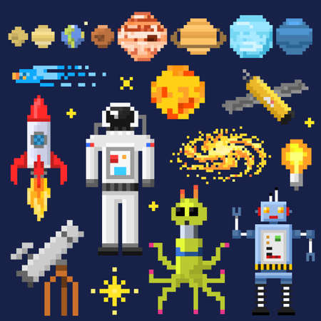 Set of space stars, alien spaceman, robot rocket and satellite cubes solar system planets pixel art, digital vintage game style. Mercury, Venus, Earth, Mars, Jupiter, Saturn. icons compositionのイラスト素材