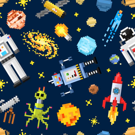 space seamless pattern background, alien spaceman, robot rocket and satellite cubes solar system planets pixel art, digital vintage game style. Mercury, Venus, Earth, Mars, Jupiter, Saturnのイラスト素材
