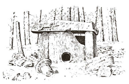 ancient cave. prehistoric house of wood or stone rock with the remains of a man. forest landscape. habitat of pristine civilizations. close up. engraved hand drawn in old sketch, vintage styleのイラスト素材