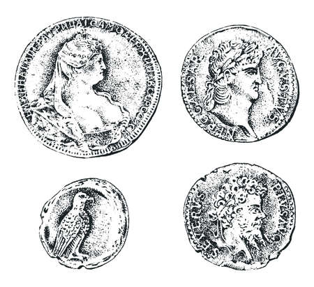 ancient coins or gold and silver money. roman and greek cash reward. engraved hand drawn in old sketch, vintage style.のイラスト素材