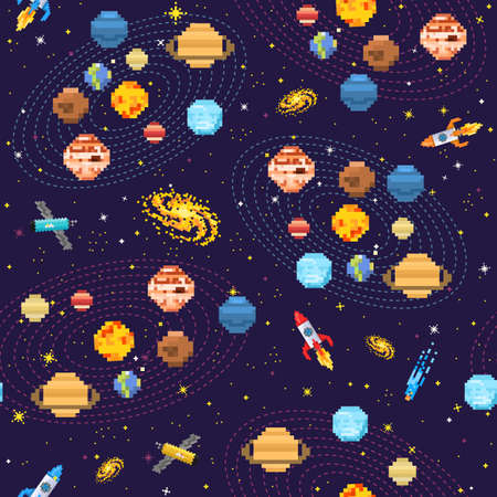 Space seamless pattern background, alien spaceman, robot rocket and satellite cubes solar system...