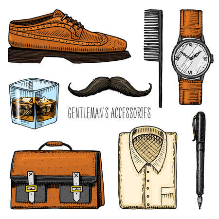 Gentleman accessories for hipster or businessman, victorian era. Engraved hand drawn vintage. Brogue and fountain pen, briefcase and pouch, comb and wristwatch, mustache and shirt, a glass of whiskeyのイラスト素材
