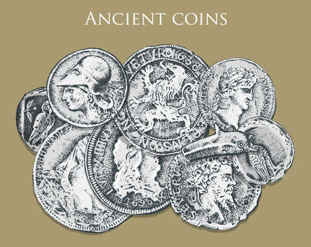 set ancient coins or money. roman and greek cash reward. engraved hand drawn in old sketch, vintage styleのイラスト素材
