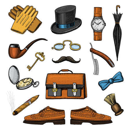 gentleman accessories set. hipster or businessman, victorian era. engraved hand drawn vintage. brogues, briefcase, shirt and cigar cylinder hat, smoking pipe, straight razor, monocle pince-nezのイラスト素材