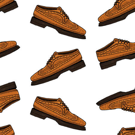 classic shoes seamless pattern or men accessory. engraved hand drawn in old vintage sketch. footwear or brogues, casual styleのイラスト素材