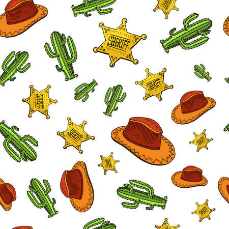 Cowboy seamless pattern. Wild west, rodeo or Indians with lasso. hat and gun, sheriff star, boot with horseshoe. engraved hand drawn in old sketch or and vintage style.のイラスト素材