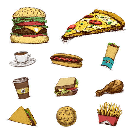Cooking collection, fast food. pizza and burger, drink and french fries, chicken and sandwich, hamburger and coffee, hot dog and roll. engraved hand drawn in old sketch and vintage style.のイラスト素材