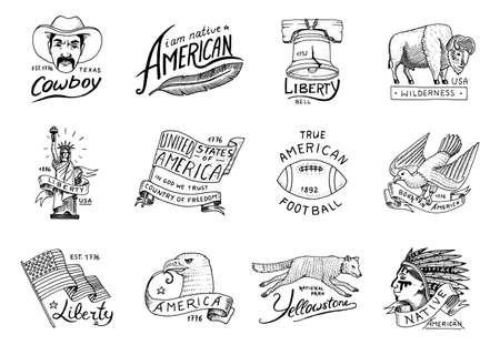 native american set. old, labels or badges for camping, hiking, hunting. buffalo and flag, eagle and cowboy, wolf and mountains with red skinned indian. engraved hand drawn in old sketchのイラスト素材